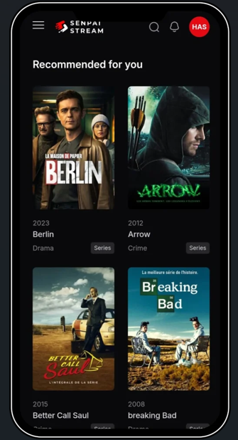 Aperçu de l'interface mobile de l'application Senpai Stream